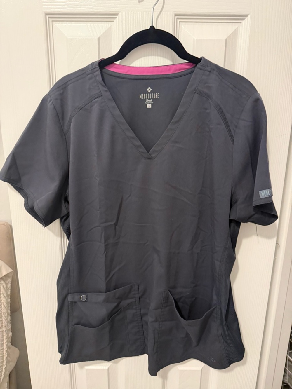Med Couture Charcoal Scrub Top with Pink Neck Trim